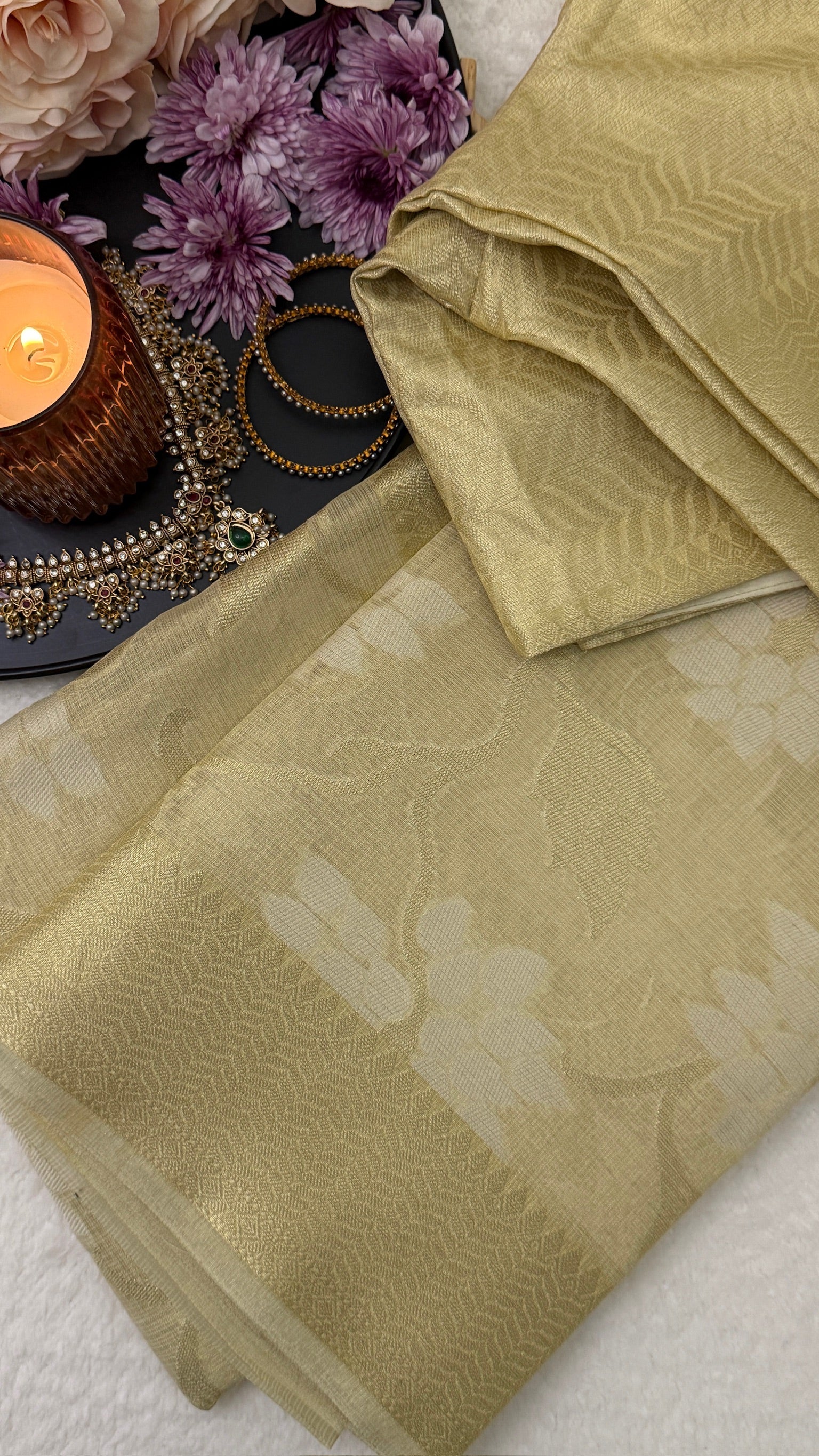 Premium Light Yellow Tissue Saree With Readymade Blouse